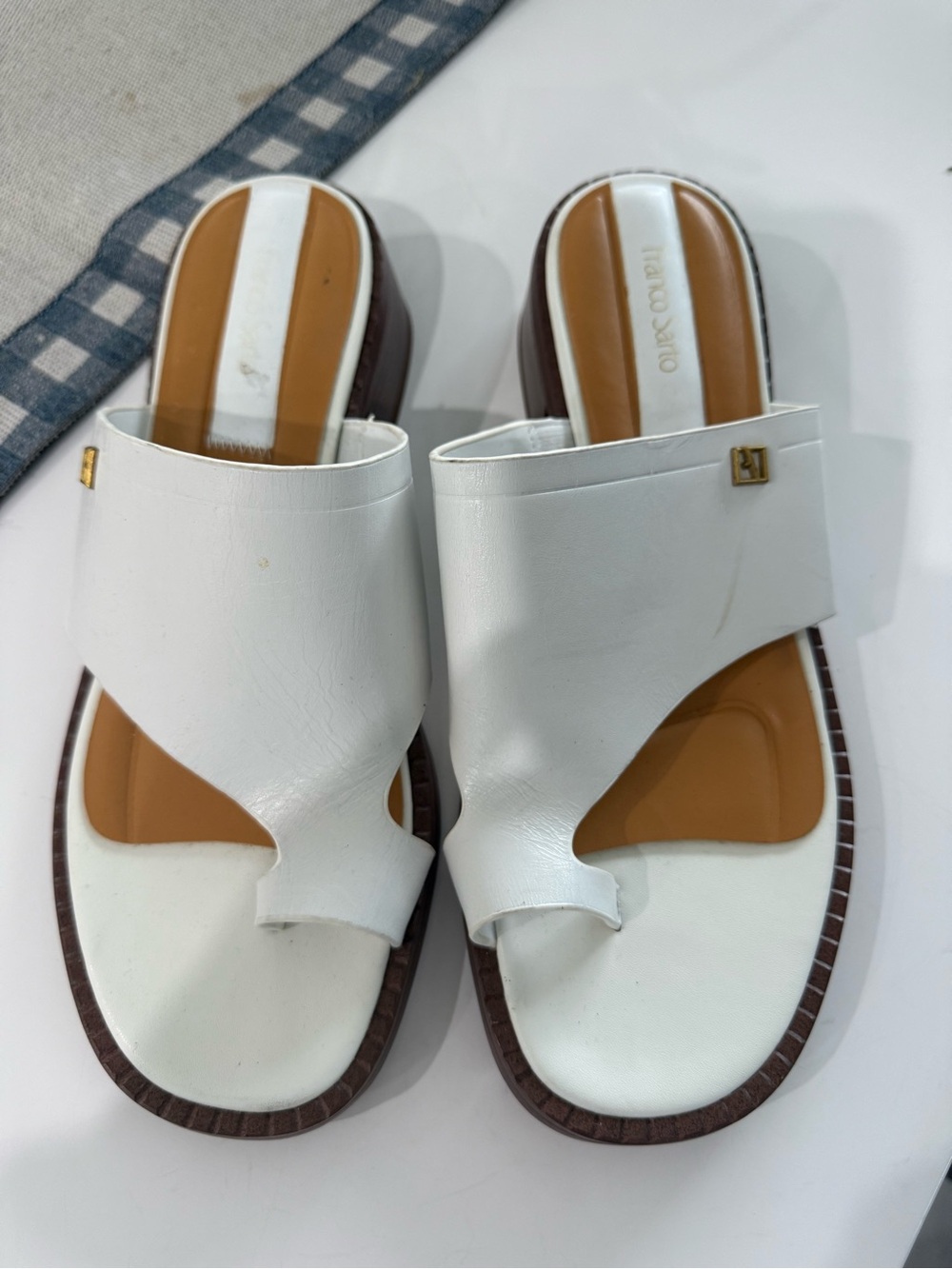 Franco Sarto White Leather Toe-Loop Slide Sandals
